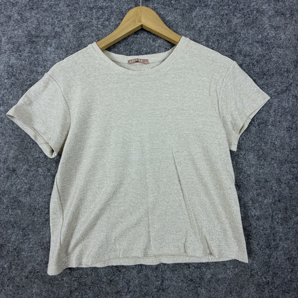 Leluxe Knitted Top Women XS Beige Sparkle Gold Shimmer Holiday Short Sleeve